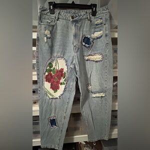 Jaded Gypsy Light Blue Distressed Floral Patch Women’s Jeans